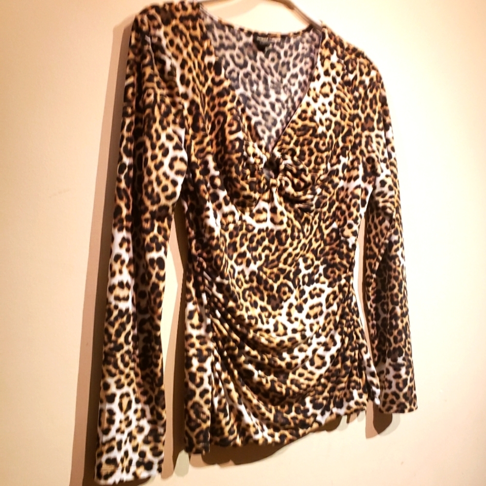 Paisley Sky Blouse Large L Pullover Leopard Print Side Ruching Shirt Top - Picture 2 of 5
